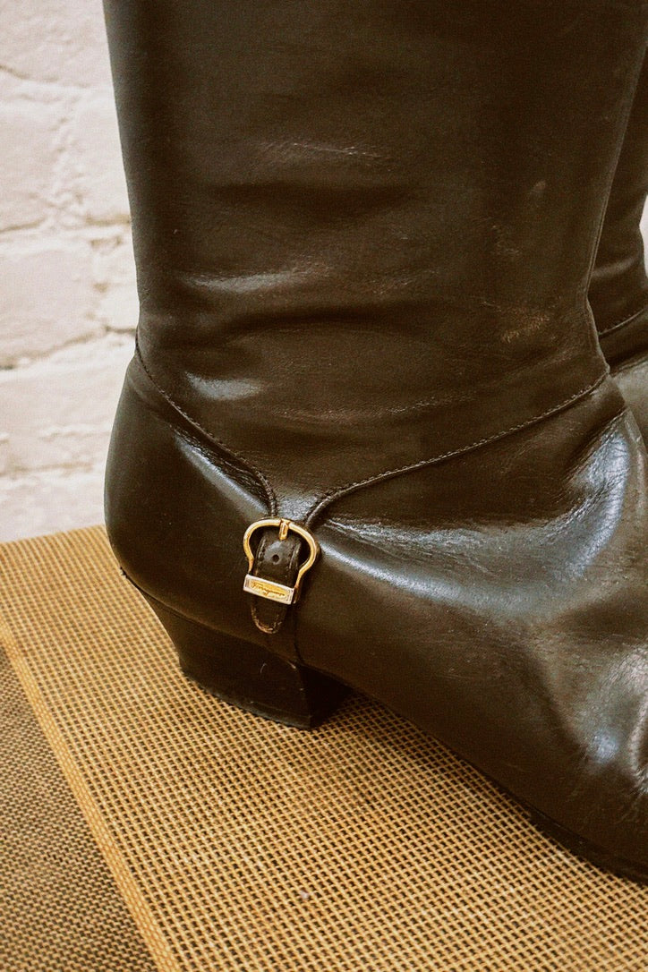 VINTAGE FERRAGAMO DARK BROWN LEATHER BOOTS, 8.5 - Cloak and Dagger NYC