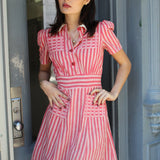 VINTAGE 1940'S RED + WHITE STRIPE DRESS
