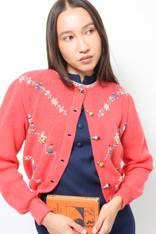 VINTAGE CORAL AUSTRIAN WOOL CHARACTER CARDIGAN