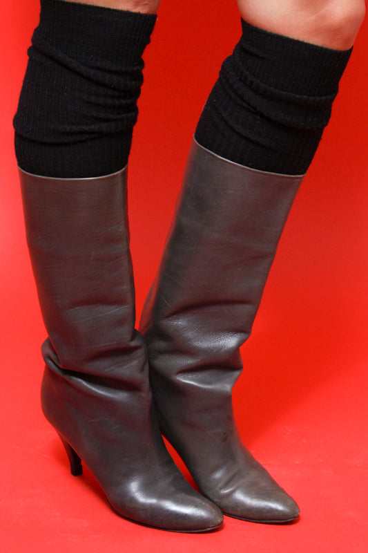 VINTAGE GREY LEATHER KNEE HIGH BOOTS