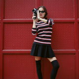 VINTAGE BLACK & RED STRIPED MOCK NECK TOP