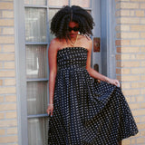 LULA DOT STRAPLESS MAXI DRESS