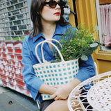 PICNIC BASKET LATTICE TOTE BAG, GREEN & CREAM