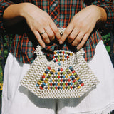 VINTAGE WOOD BEAD RAINBOW/WHITE CLUTCH
