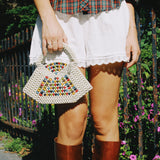 VINTAGE WOOD BEAD RAINBOW/WHITE CLUTCH
