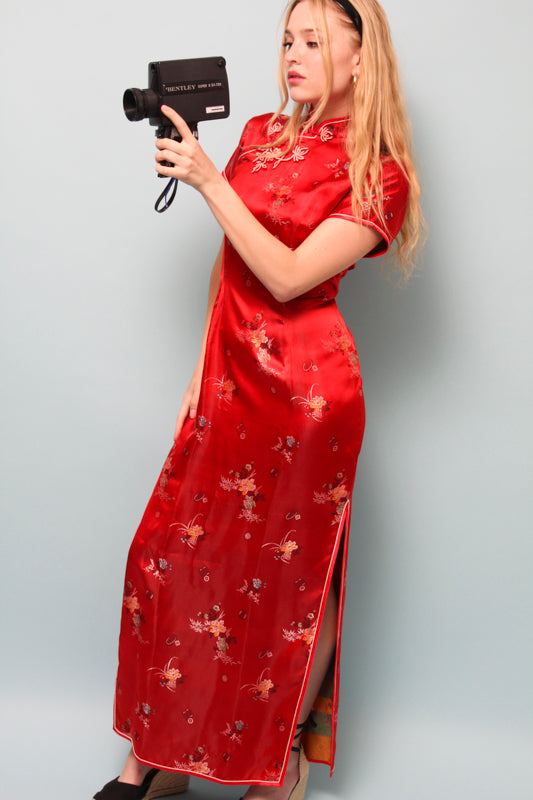 VINTAGE RED SILK CHINESE MAXI DRESS