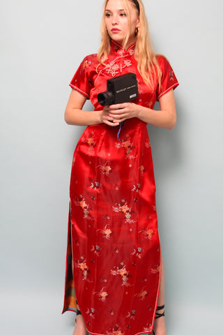 VINTAGE RED SILK CHINESE MAXI DRESS