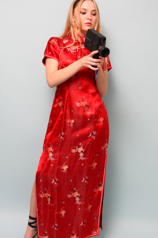 VINTAGE RED SILK CHINESE MAXI DRESS