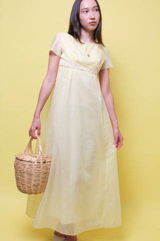VINTAGE YELLOW DAISY POLKA DOT EMPIRE WAIST MAXI DRESS